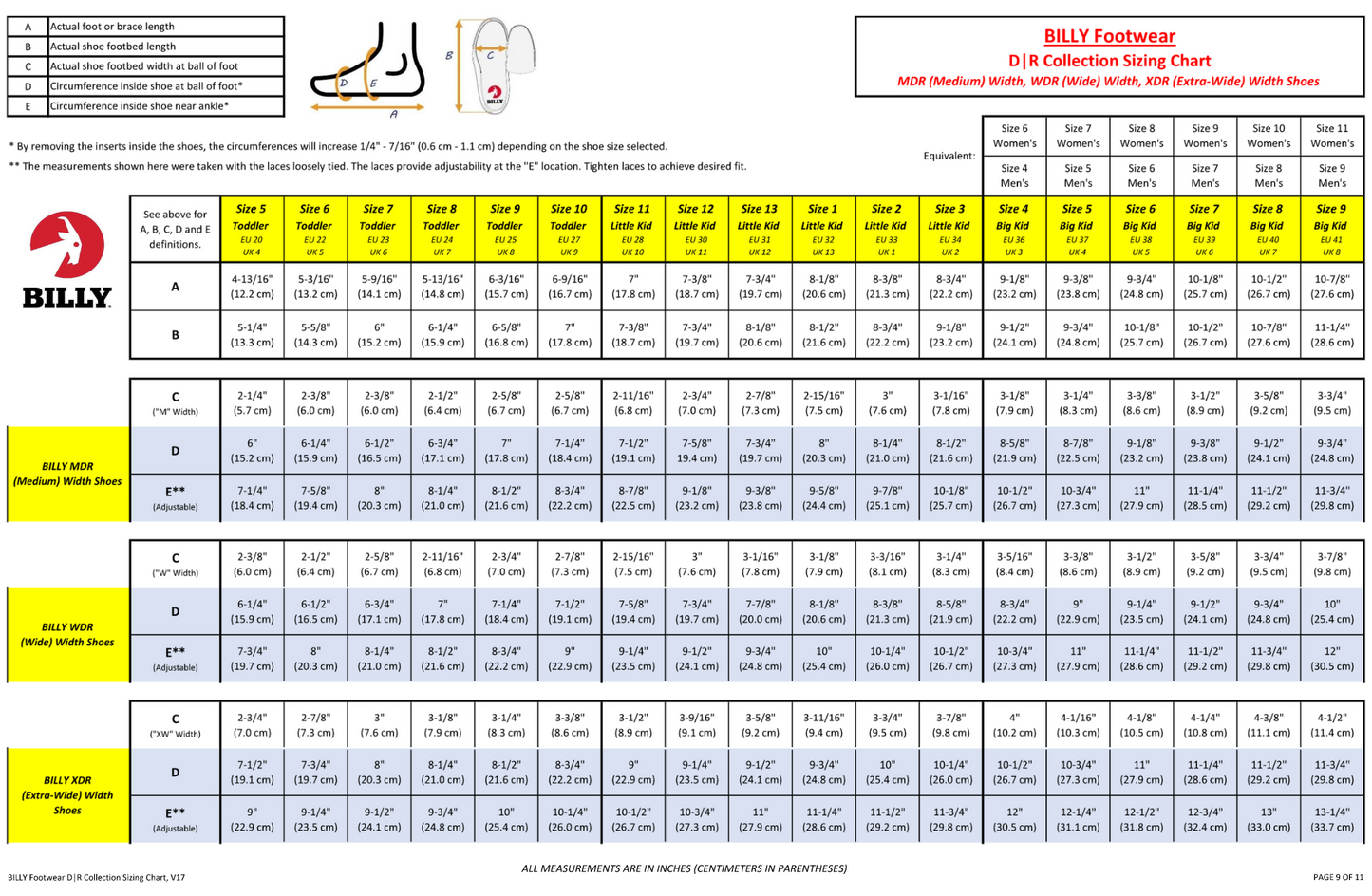 BILLY Footwear D|R Collection Sizing Chart for short wrap high tops, includes measurements for medium, wide, extra wide widths.