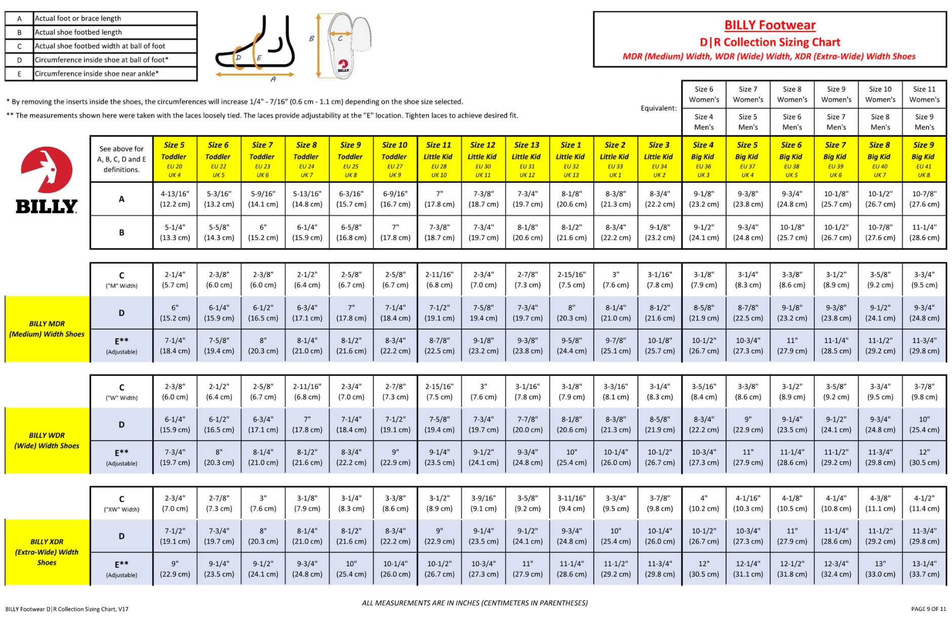 BILLY Footwear D|R Collection Sizing Chart for short wrap high tops, includes measurements for medium, wide, extra wide widths.