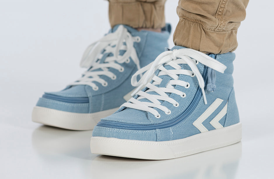 Denim/White BILLY CS 1.0 High Top Sneakers with zipper and laces, designed for diabetes, plantar fasciitis, orthotics, and wide feet.
