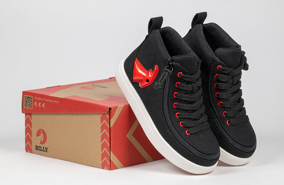 Black/Red BILLY high tops on box; shoes for diabetes, plantar fasciitis, bunions, wide feet, wheelchair use, and orthotics.