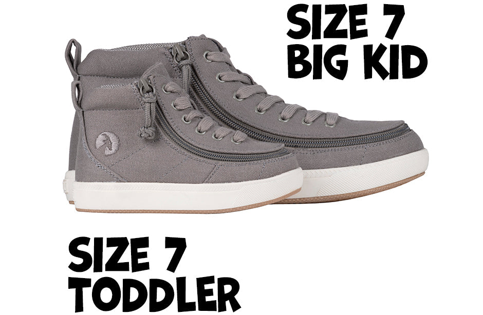 Dark Grey BILLY Classic High Tops for Kids, Size 7, with wrap-around zipper, suitable for wide feet and easy entry.
