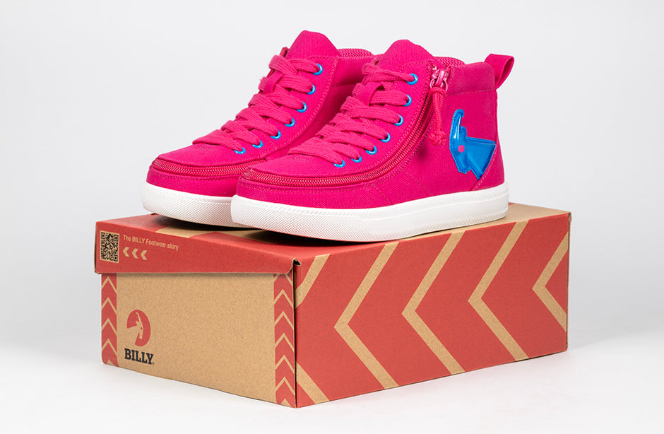 Pink/Blue Light Ups BILLY Classic High Tops on shoebox, diabetic-friendly, suitable for plantar fasciitis, orthopedic and wide feet.
