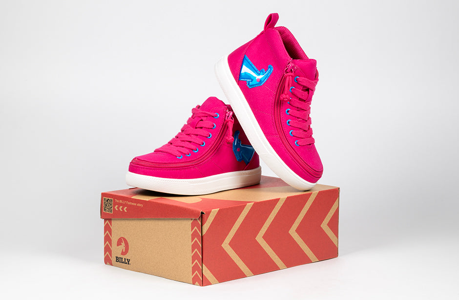 Pink/Blue Light Ups BILLY Classic High Tops on box, diabetic shoes, plantar fasciitis relief, adjustable fit, wide sizes available
