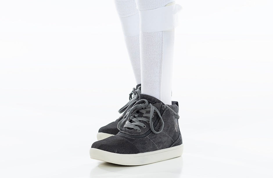 Black Acid Wash Short Wrap High Tops, ideal shoes for diabetes, plantar fasciitis, wide feet, and orthotics.