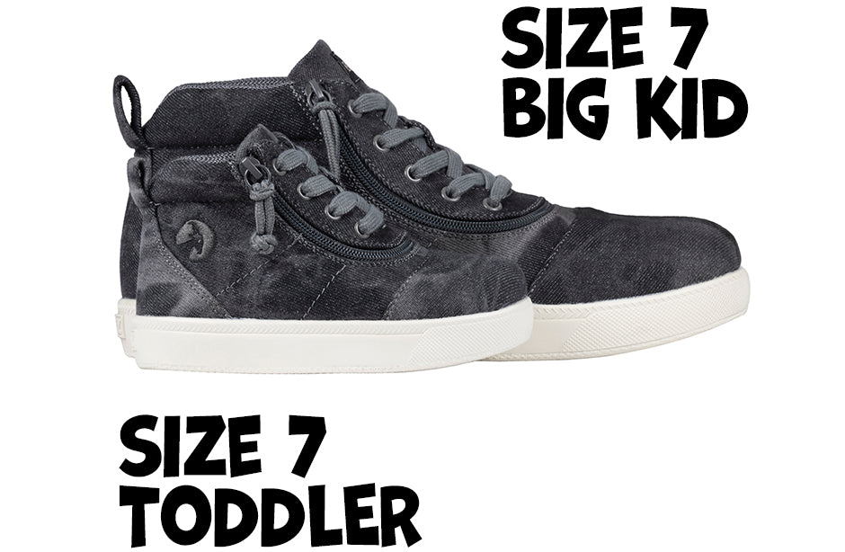 Black Acid Wash BILLY D|R II Short Wrap High Tops, size 7 for big kid and toddler, with zipper for shoes for diabetes and plantar fasciitis.