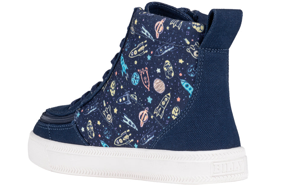 Navy Space BILLY Classic Lace High Tops with space design, suitable for orthotics and wide feet, featuring easy zip access.