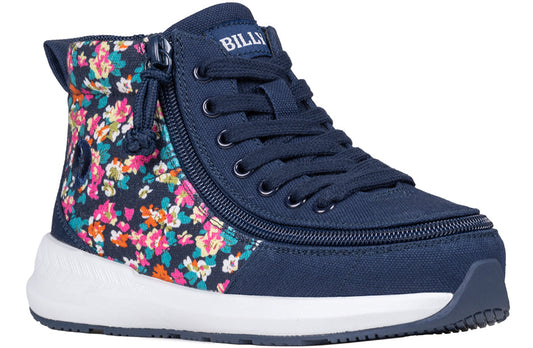 Navy Floral AFO-Friendly High Top by BILLY Goat, ideal for diabetes, plantar fasciitis, bunions, wide feet, and orthotic use.