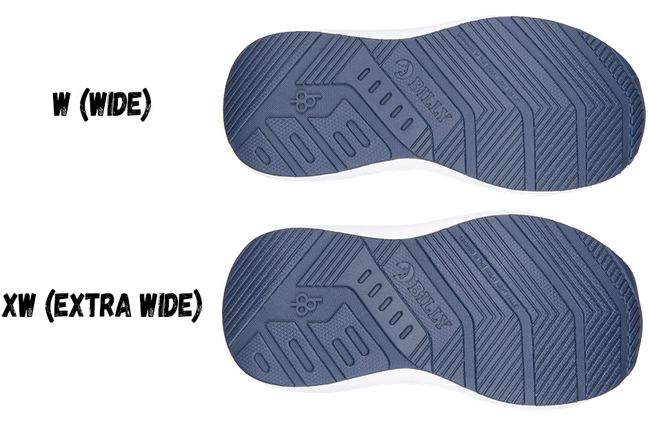 Comparison of Navy Floral BILLY Goat shoe soles in wide and extra wide sizes, designed for orthotics and wheelchair users.