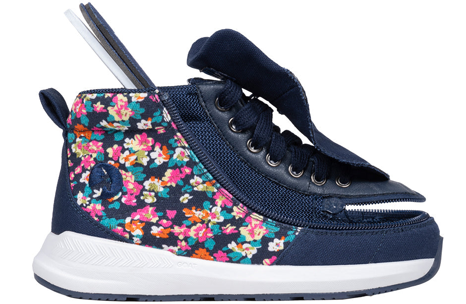 Navy floral BILLY Goat high-top shoes with wrap zipper, AFO-friendly, ideal for diabetes, plantar fasciitis, and orthotics support.