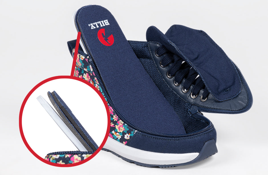 Navy Floral BILLY Goat AFO-Friendly high top shoes with easy-access zipper for diabetes, plantar fasciitis, bunions, and orthotics.