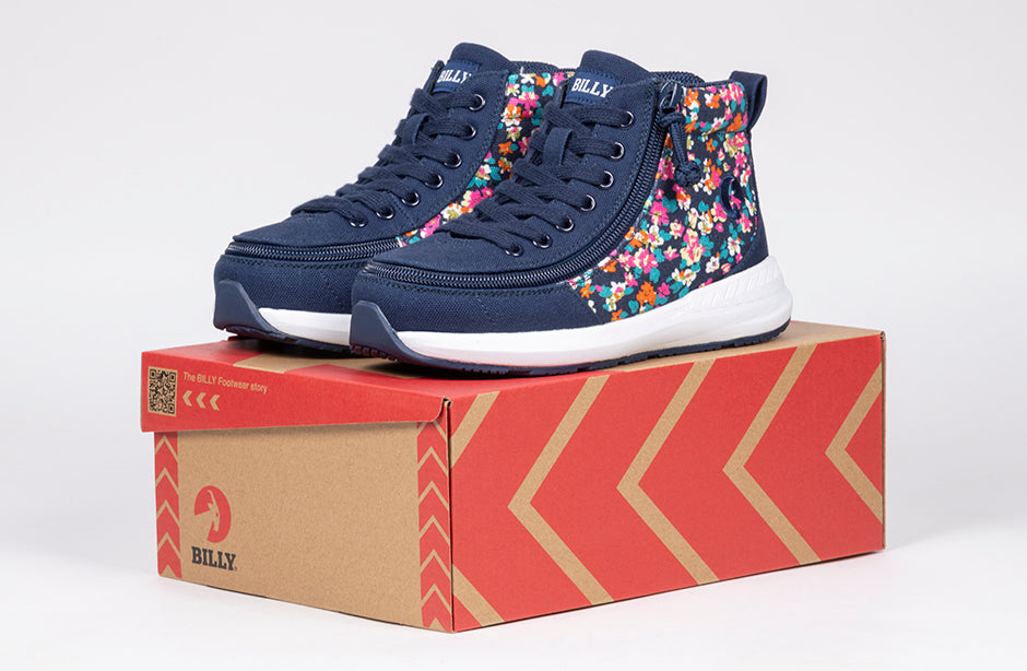 Navy Floral BILLY Goat High Top AFO-Friendly Shoes for wide feet, bunions, diabetes, plantar fasciitis, orthotics, wheelchair use.