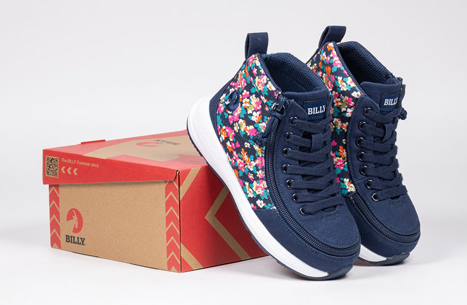 Navy Floral BILLY Goat Classic High Top AFO-Friendly Shoes for Diabetes, Plantar Fasciitis, bunions, wide feet, and wheelchair use.