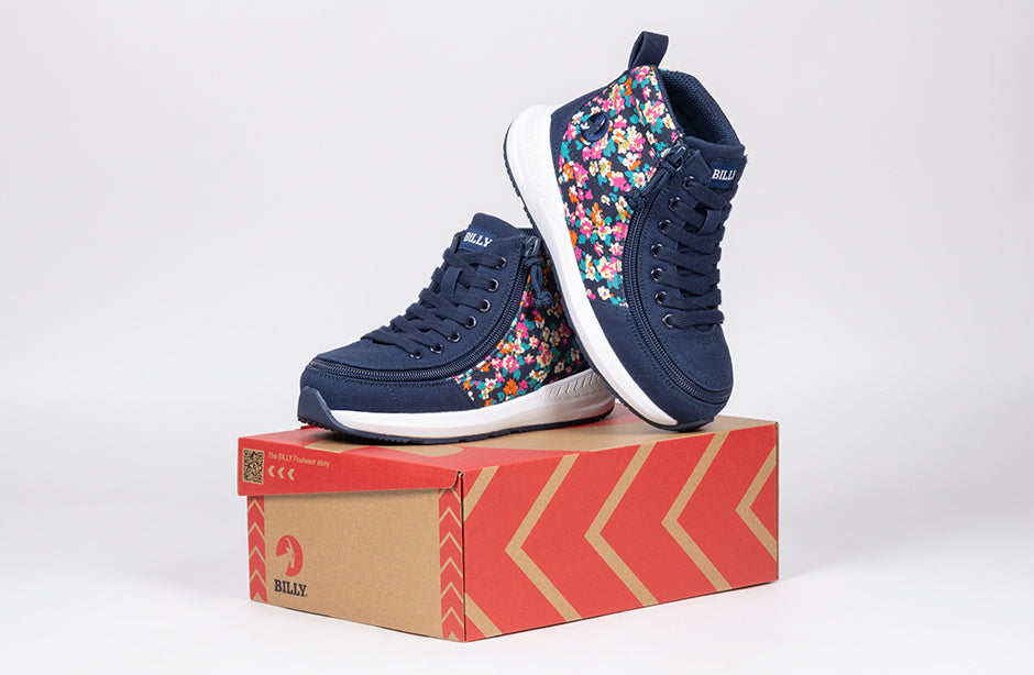Navy Floral BILLY Goat AFO-Friendly Shoes on box, ideal for diabetes, plantar fasciitis, bunions, wide and extra wide feet, orthotics.