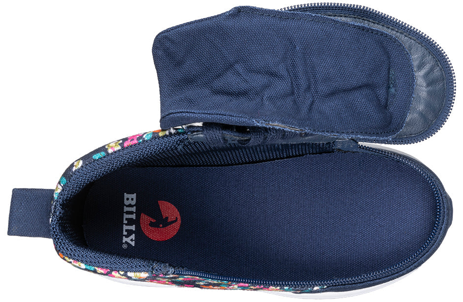 Navy floral BILLY Goat High Top Shoes with AFO-friendly zipper, ideal for diabetics, plantar fasciitis, bunions, wide and extra wide feet.