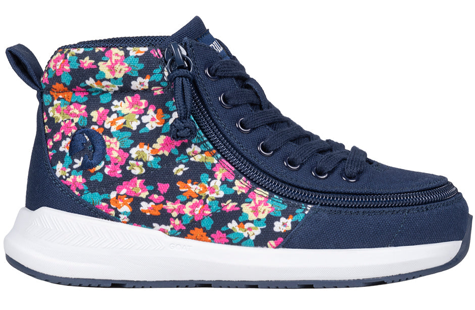 Navy Floral High Top Shoes with AFO-friendly design, featuring a full wrap zipper. Ideal for diabetes, plantar fasciitis, and wide feet.