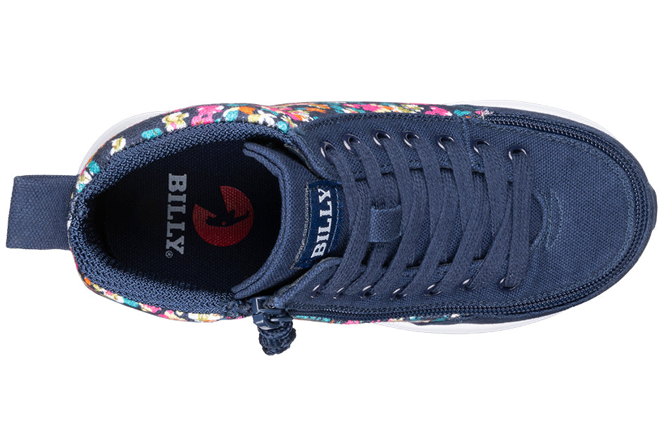 Top view of Navy Floral BILLY Goat AFO-Friendly High Top Shoe for diabetes, plantar fasciitis, bunions, wide and extra wide feet.