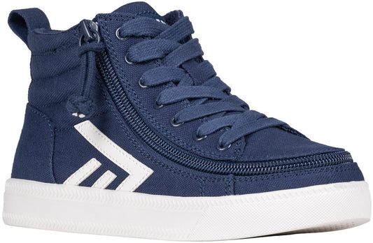 Navy/White BILLY CS 2.0 High Tops with wraparound zipper, ideal shoes for diabetes, bunions, wide feet, plantar fasciitis, orthotics.