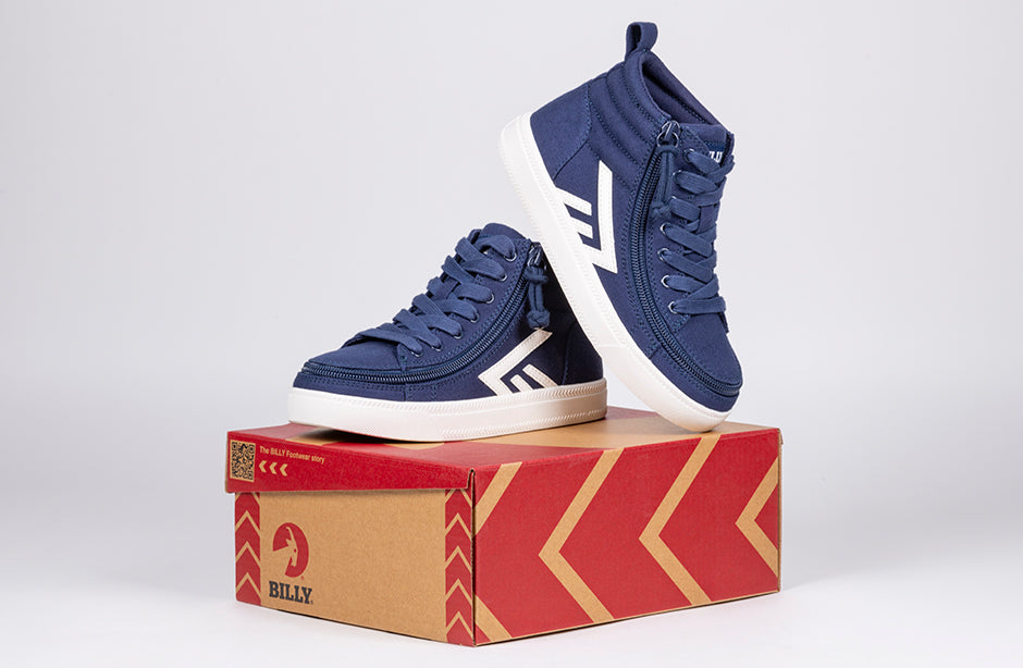 Navy/White BILLY CS 2.0 High Tops on a shoebox, featuring laces, removable insoles, and a zipper for diabetes and orthotic needs.