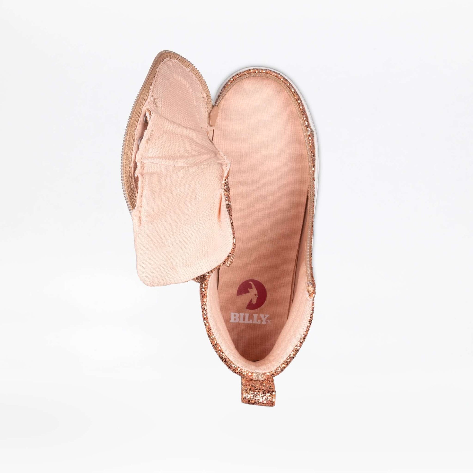 Rose Gold Glitz BILLY CS 2.0 High Top shoe shown with open wraparound zipper, highlighting comfort and accessibility for wide feet.