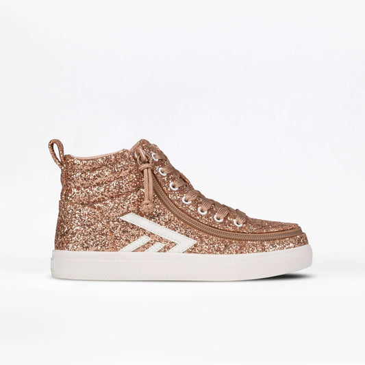 Rose Gold Glitz BILLY CS 2.0 High Top shoes with zipper, ideal for diabetes, plantar fasciitis, bunions, wide feet, and orthotics.