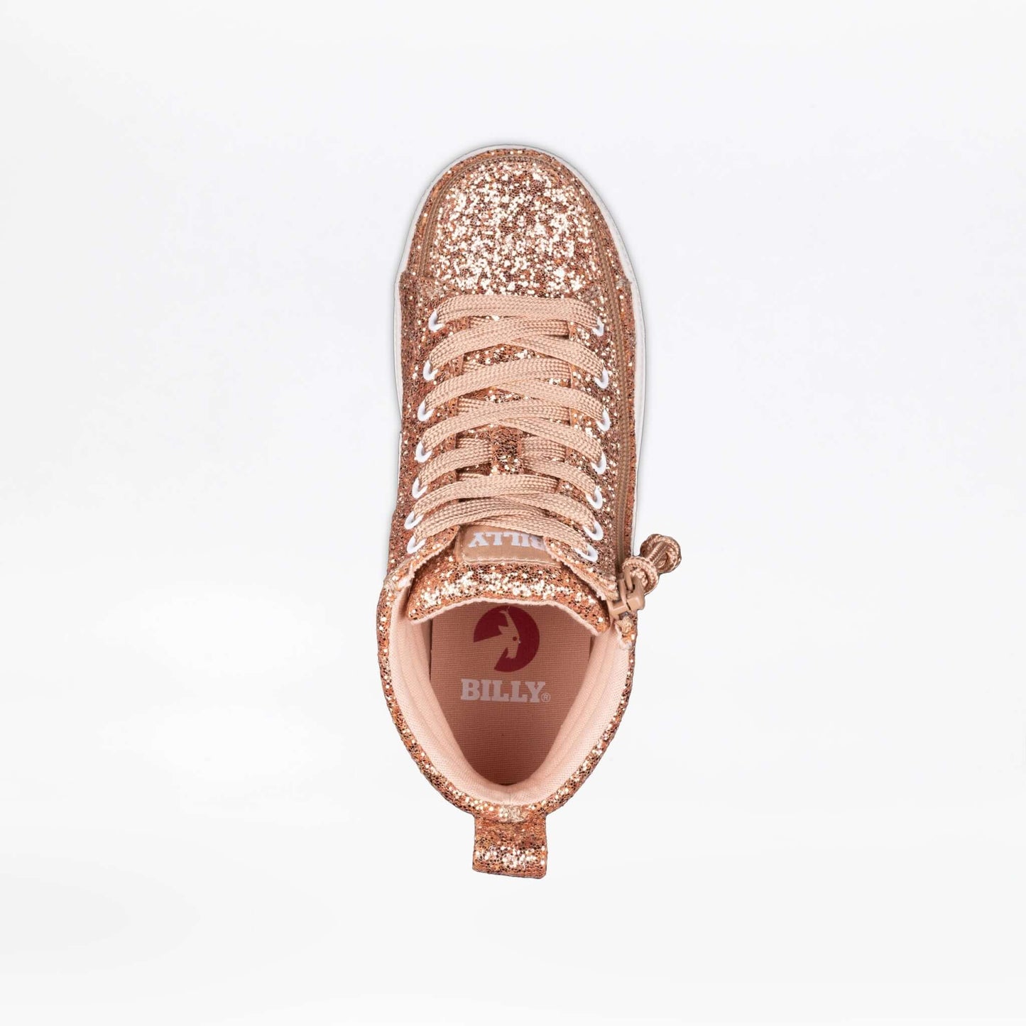 Top view of Rose Gold Glitz BILLY CS 2.0 High Top shoes, ideal for diabetes, plantar fasciitis, bunions, wide feet, orthotics.