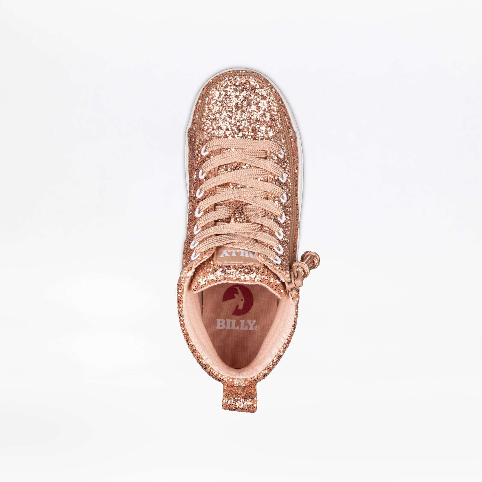 Top view of Rose Gold Glitz BILLY CS 2.0 High Top shoes, ideal for diabetes, plantar fasciitis, bunions, wide feet, orthotics.
