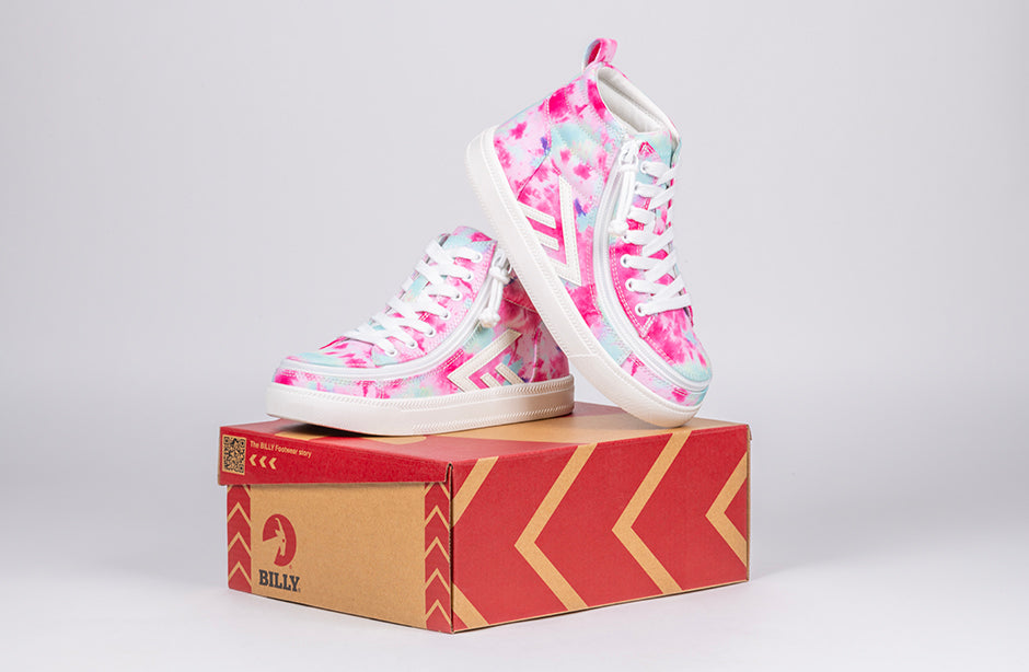 Pink Watercolor BILLY CS High Tops 2.0, shoes for diabetes and plantar fasciitis, featuring a wraparound zipper and customizable fit.