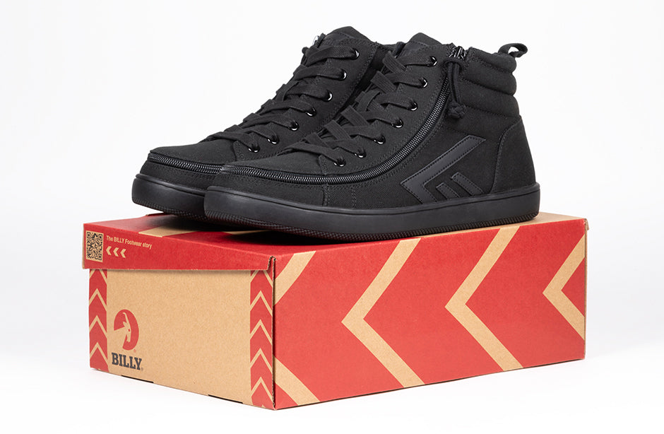 Men's Black BILLY CS 2.0 High Tops for Diabetes, Plantar Fasciitis, Bunions, Wide Feet, and Orthotics on shoebox.