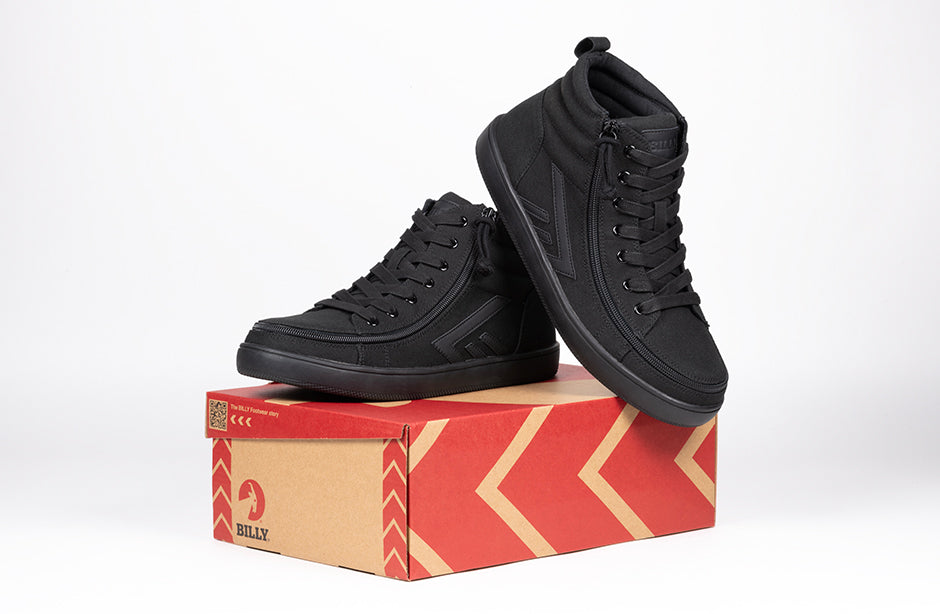Men's Black BILLY CS 2.0 High Tops with functional laces and zipper on shoebox, ideal for shoes for diabetes and orthotics use.