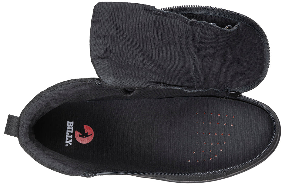 Top view of Men's Black to the Floor BILLY CS 2.0 High Tops, featuring a wraparound zipper, removable insoles, and functional laces.