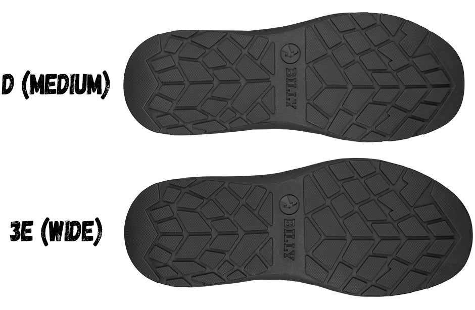 Sole of Men's Black BILLY Sport Inclusion Sneakers showing D (medium) and 3E (wide) widths for comfort and support.