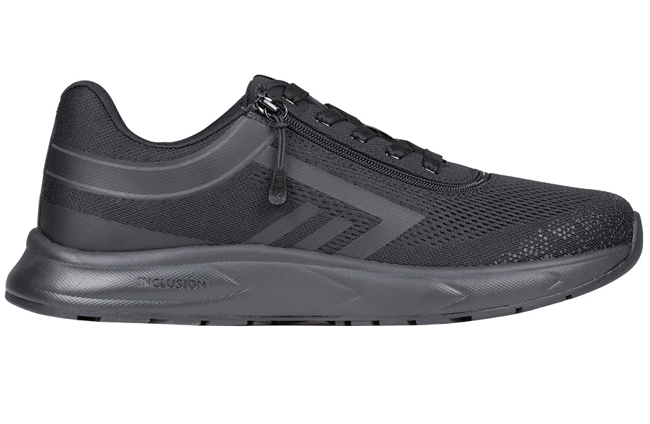 Men's black athletic sneakers with zipper, ideal for diabetes, plantar fasciitis, bunions, wide feet, and orthotics use.