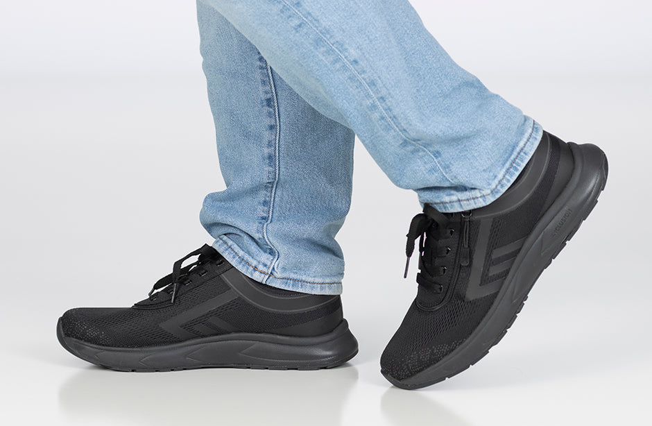 Men's black athletic sneakers with innovative zipper, suitable for diabetes, plantar fasciitis, bunions, wide feet, and orthotics.