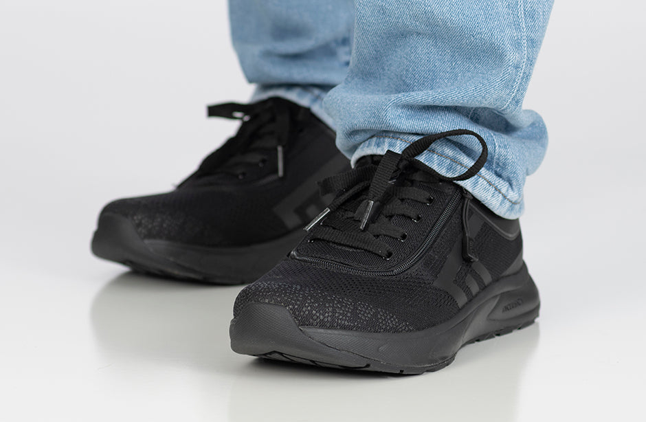 Men's black athletic sneakers with unique zipper design for diabetes, plantar fasciitis, bunions, wide and extra wide feet.