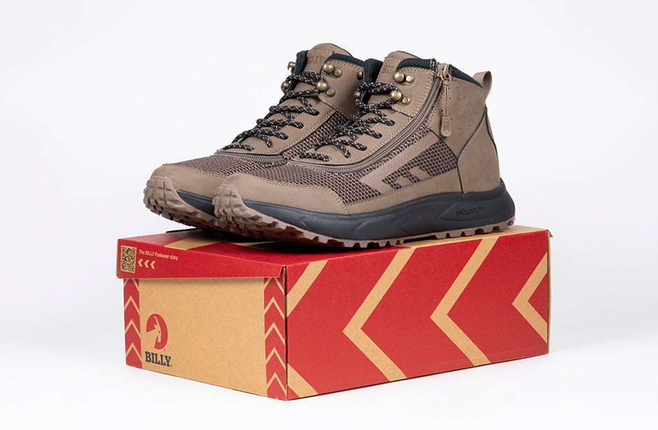 Men's Taupe BILLY Inclusion Trail Boots for diabetes, plantar fasciitis, bunions, wide feet, wheelchair use, and orthotics.