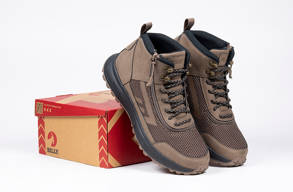 Men's Taupe BILLY Inclusion Trail Boots with innovative zipper, ideal for diabetes, plantar fasciitis, and wide feet support.