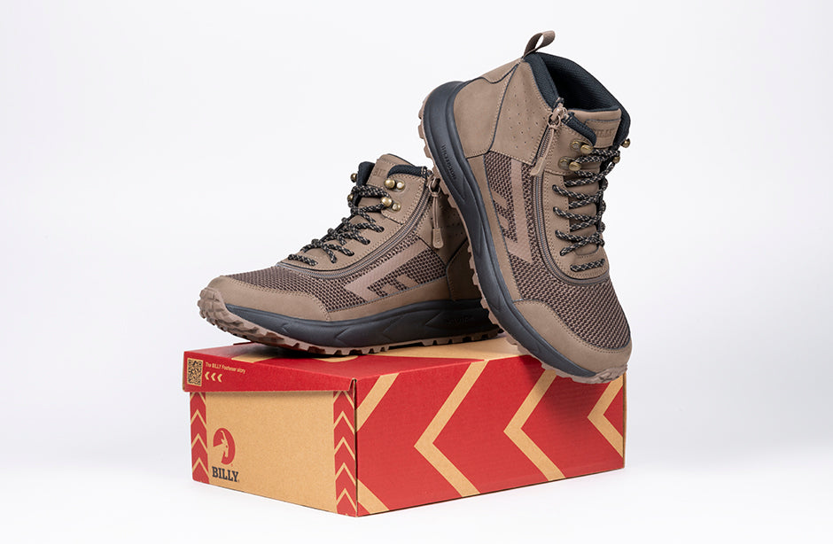 Men's Taupe BILLY Inclusion Trail Boots for diabetes, plantar fasciitis, bunions, wide, extra wide feet, orthotics, wheelchair use.