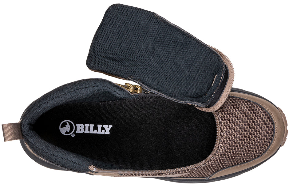 Top view of Men's Taupe BILLY Inclusion Trail Boot with innovative zipper for easy wear, ideal for diabetes and plantar fasciitis.