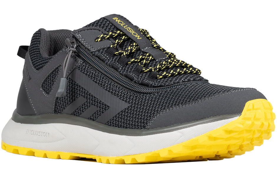 Men's Charcoal/Yellow BILLY Inclusion Trail Sneakers for wide feet, diabetes, plantar fasciitis, and orthotics. Easy zipper.