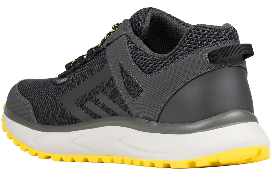 Men's Charcoal/Yellow BILLY Inclusion Trail Sneakers for wide feet, diabetic, orthopedic support, with padded collar and zipper closure.