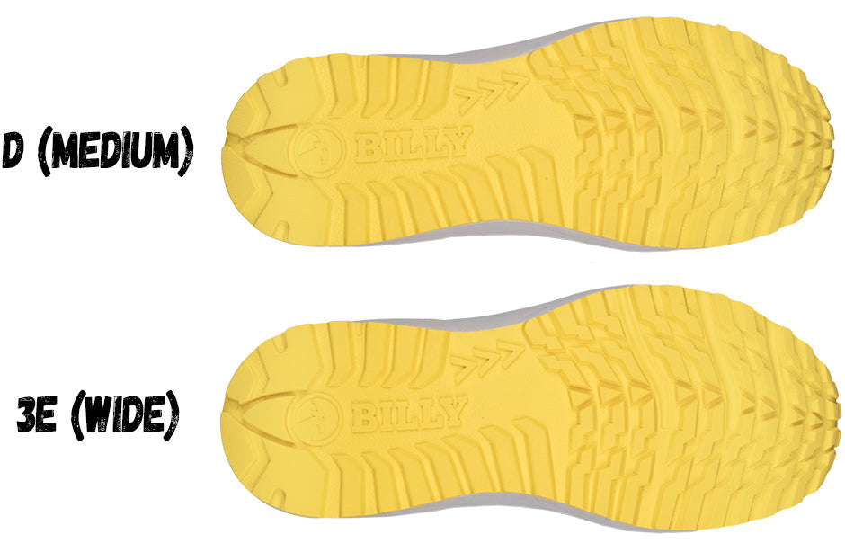 Two BILLY Inclusion Trail Sneaker soles in yellow, showing men's medium (D) and extra-wide (3E) widths, designed for comfort.