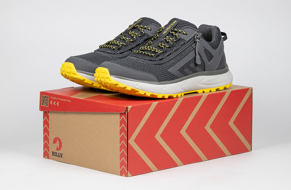 Men's Charcoal/Yellow BILLY Inclusion Trail Sneakers, suitable for diabetes, plantar fasciitis, bunions, wide and extra-wide feet.