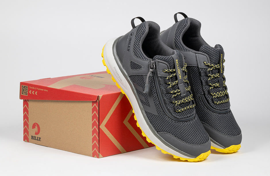 Men's Charcoal/Yellow BILLY Inclusion Trail Sneakers with comfort features for diabetes, plantar fasciitis, and wide feet support.