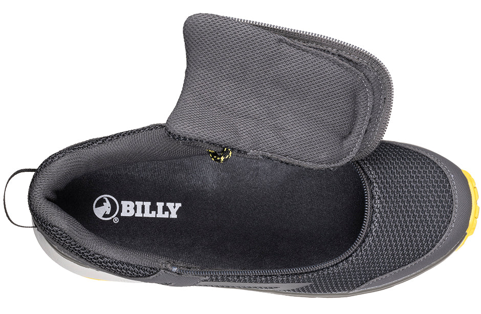 Top view of Men's Charcoal/Yellow BILLY Inclusion Trail Sneakers with wrap zipper, ideal for diabetes, plantar fasciitis, and wide feet.