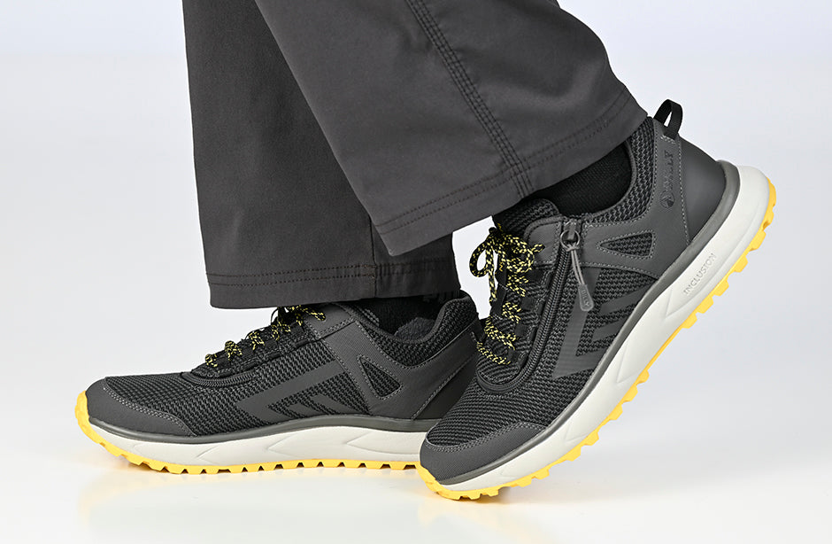 Men's Charcoal/Yellow BILLY Sneakers with zipper, ideal for diabetics, plantar fasciitis, bunions, wide feet, wheelchair use, orthotics