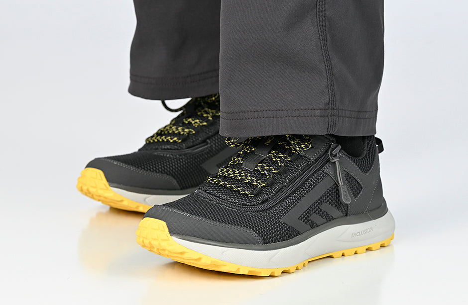 Men's Charcoal/Yellow BILLY Trail Sneakers with zipper, ideal for wide feet, orthotics, diabetes, plantar fasciitis, bunions.