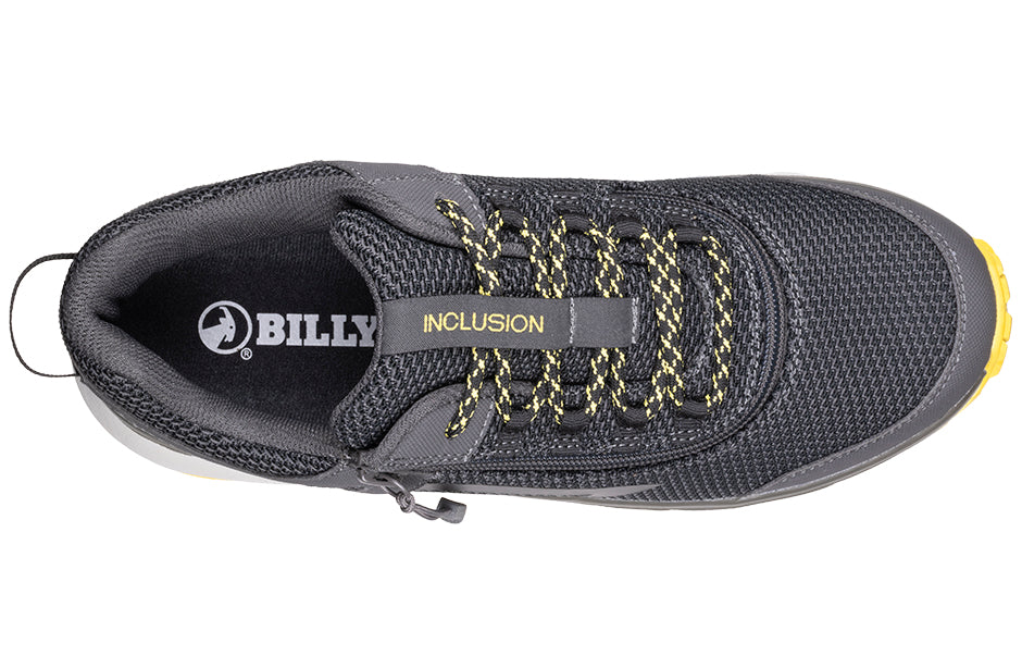 Top view of Men's Charcoal/Yellow BILLY Inclusion Trail Sneakers with short-wrap zipper, ideal for diabetes and plantar fasciitis.