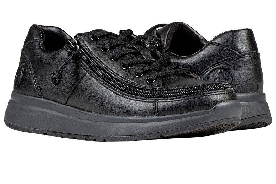Women's all-black slip-resistant work shoes with wraparound zipper, ideal for diabetes, plantar fasciitis, bunions, and orthotics.