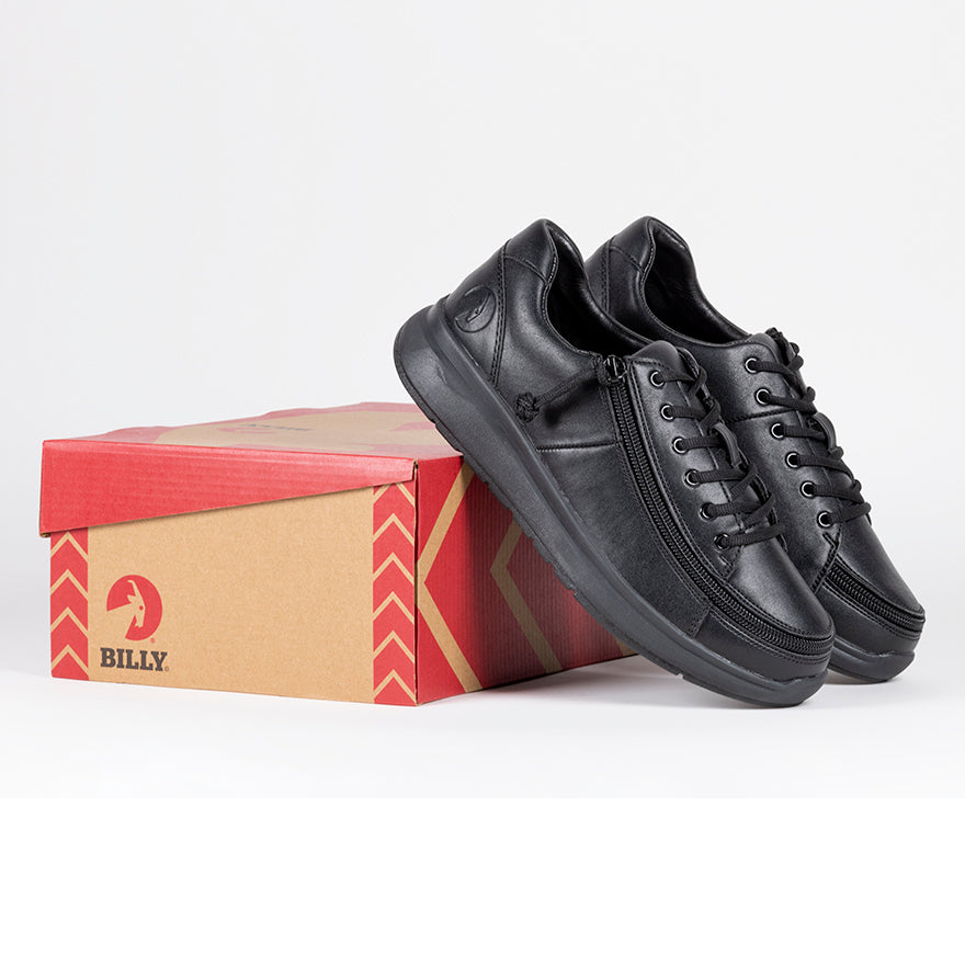 Women's black slip-resistant work shoes with zipper on BILLY box. Ideal for diabetes, plantar fasciitis, bunions, wide feet, and orthotics.