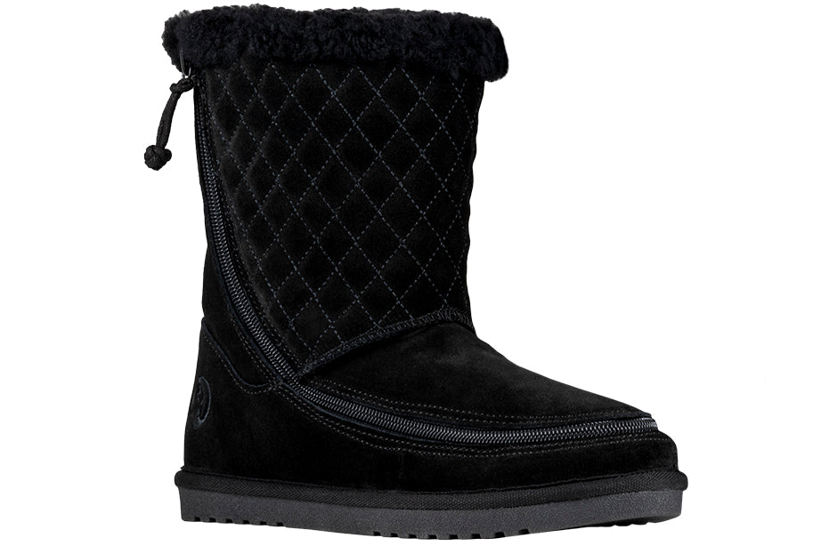 Women's black BILLY Cozy Quilt Lux boots with quilted details, suede upper, shearling insulation, and flip-top zipper technology.